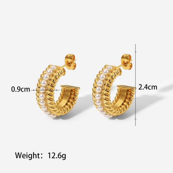 Pearl Vintage Woven C-Shape‎ Hoop Earrings 18K Gold Plated Stainless Steel - Picture 12 of 12